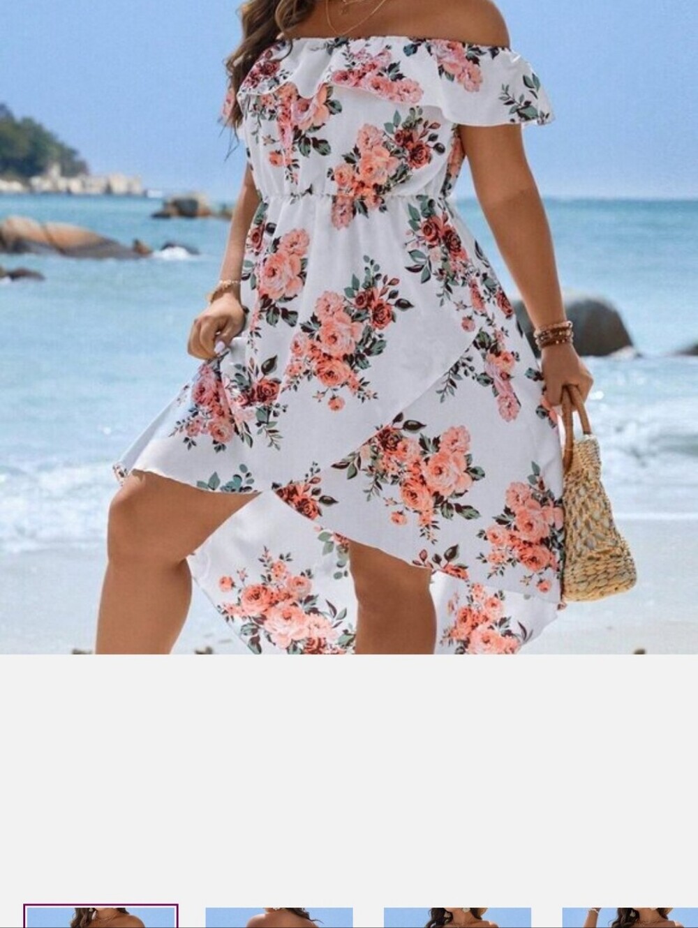 White Boho Women's Plus Size Floral Print Off Shoulder Wrap Hem Dress
